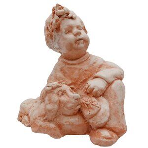 Boy With Puppy Dog Sculpture Babs Mellor Vintage OOAK Art Toddler Kid Statue